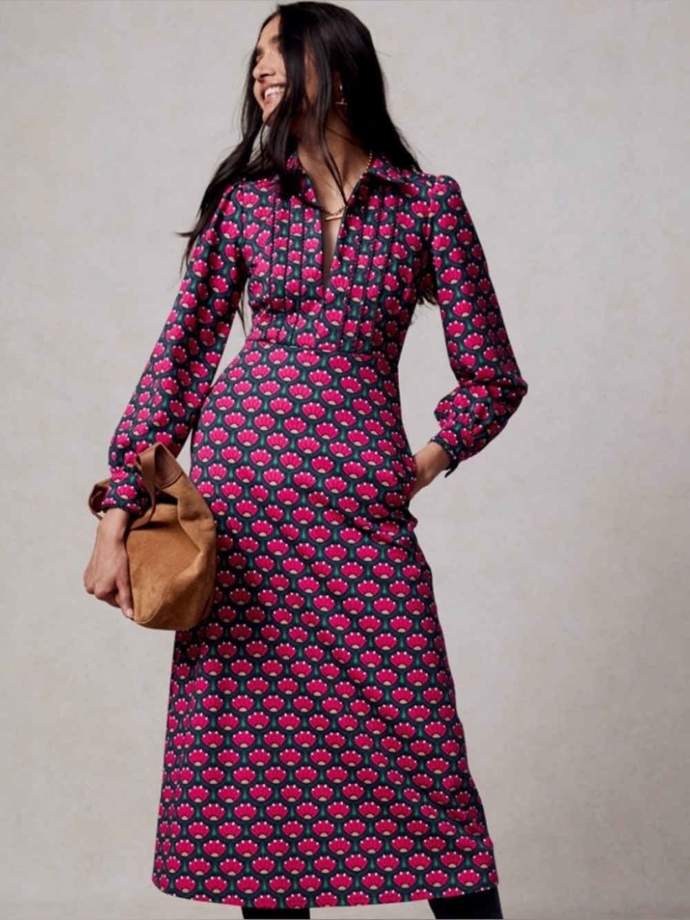 BODEN Piping Zip-up Ponte Dress in Bright Pink Lotus Stamp size 14